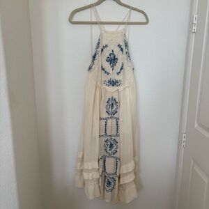 Free People Cream and Blue Embroidered Dress